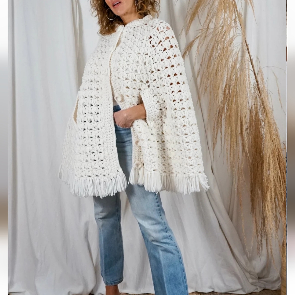 Elegant Cream Crochet Sweater Cape